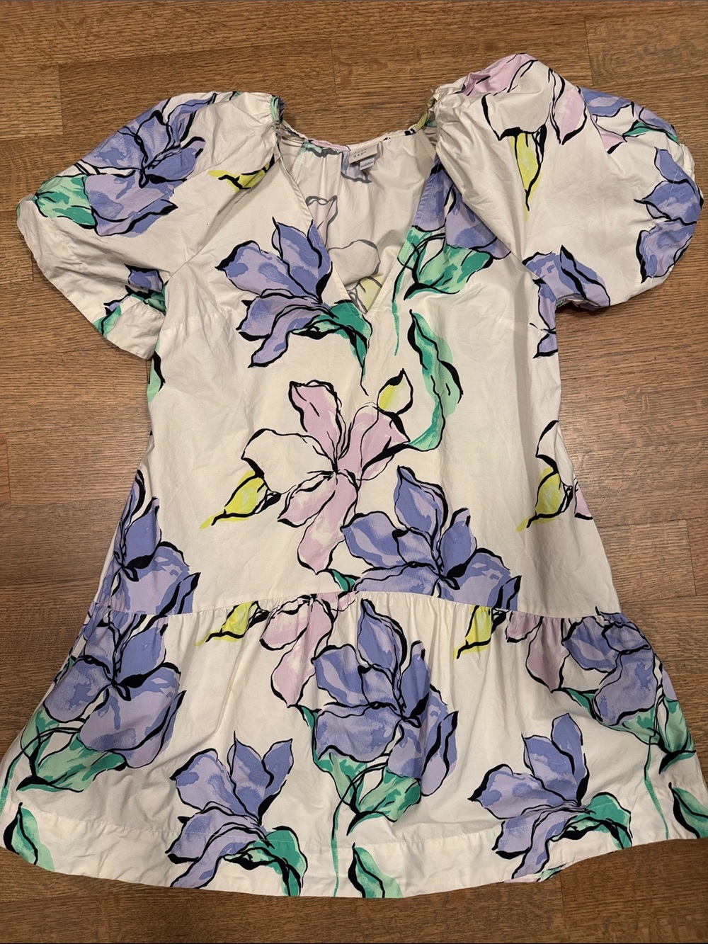 Floral Puff-Sleeve Dress - White with Lavender & Mint